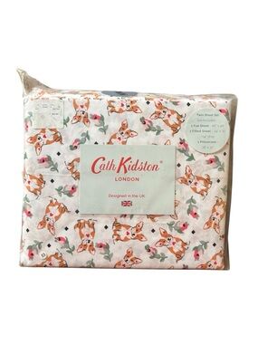 Cath Kidston Pink and White Corgi Rose Floral Print Twin Sheet Set 100% Cotton